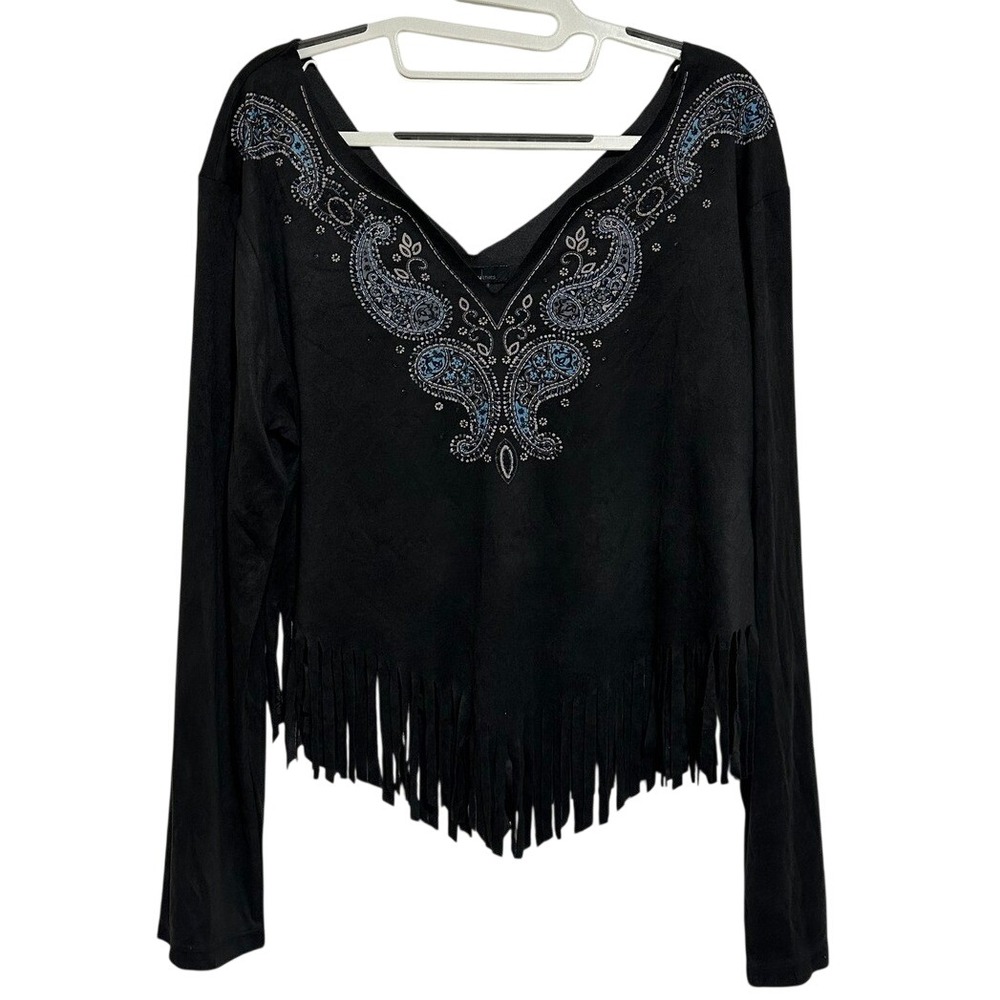 Western Ethics Womens Top Black Faux Suede Fringe Paisley Beaded Long Sleeve L